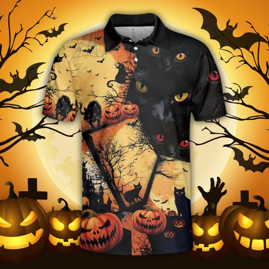 Discover Halloween Cat Polo Shirt with Pumpkin and Bat 3D Graphic Tee