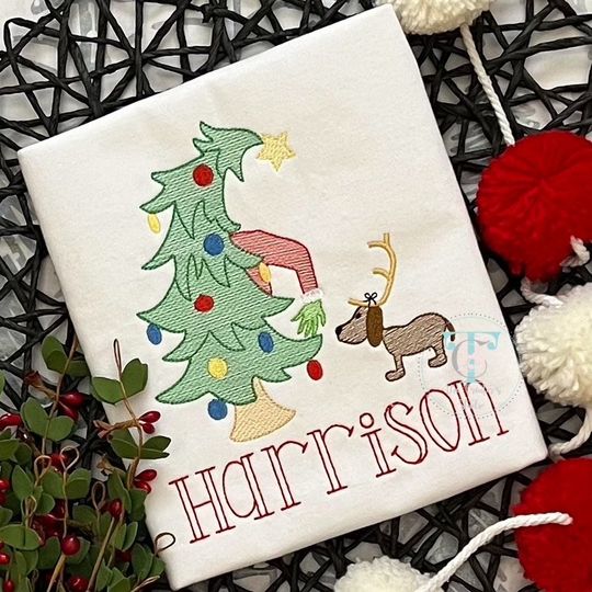 Discover Whimsical Tree with dog, Merry, Personalized Shirt, Christmas Shirt, Monogrammed, Embroidered Tee, Toddler T-Shirt, Shirt for Pictures