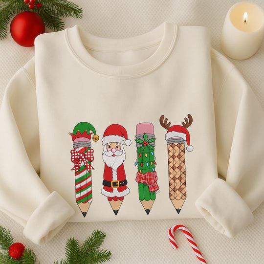 Discover Merry Christmas Embroidered Shirt, Christmas Santa Reindeer Elves Pencil Embroidered Sweatshirt, Christmas Teachers Shirt, Teachers Day Gift
