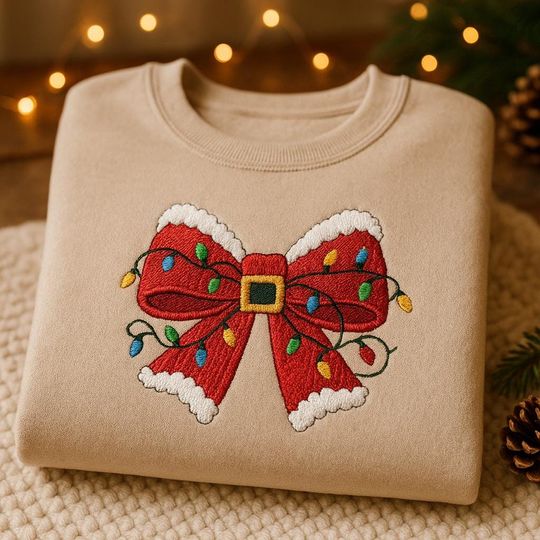 Discover Festive Bow Embroidered Sweatshirt  Cozy Holiday Pullover with Christmas Lights Design
