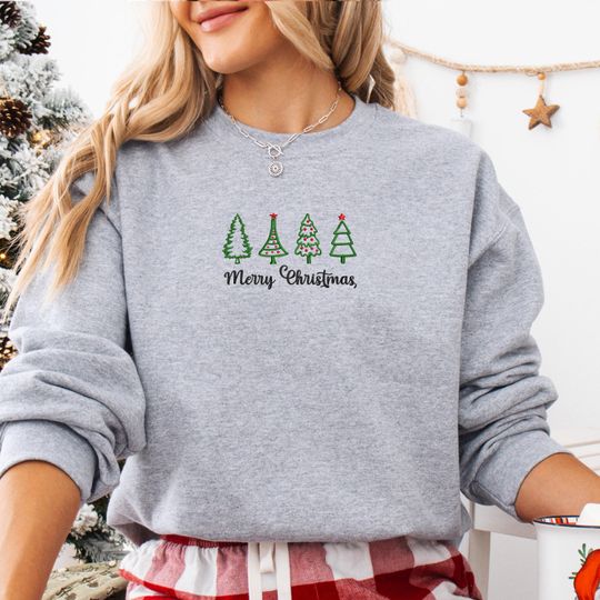 Discover Christmas Tree Embroidered Sweatshirt, Cozy Holiday Hoodie or Shirt, Family Matching Xmas Outfit, Unisex Winter Gift Pullover, MADE IN USA