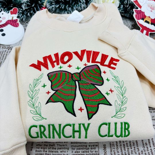 Grin Whoville Club Bow Embroidered Sweatshirt, Grin Christmas Crewneck, Grin Coquette Sweater, Christmas Mom Gift