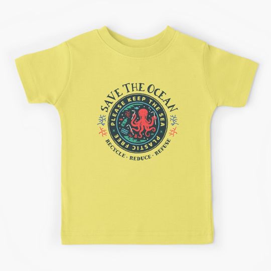 Discover Save The Ocean - Please Keep the Sea Plastic Free - Octopus Scene Kids T-Shirt