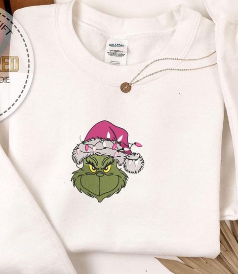 Discover Embroidery funny character Christmas Sweatshirt, Embroidered Grin Hoodie, Pink Santa Hat Light Sweatshirt, Embroidery funny character Xmas Kid Wear