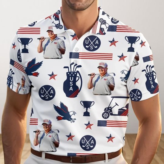 Trump Golf USA Polo Shirt, American Flag Polo for Men