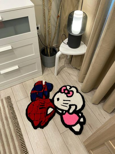 Discover Hello Kitty x Spidey Tufted Rug  Cute Couple Fan Art Decor  Romantic Cartoon Rug
