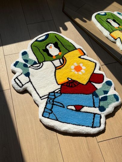 Messy Laundry Tufted Rug Colorful Pile of Clothes Carpet Fun Bedroom Floor Mat Cartoon Aesthetic Decor for Kids