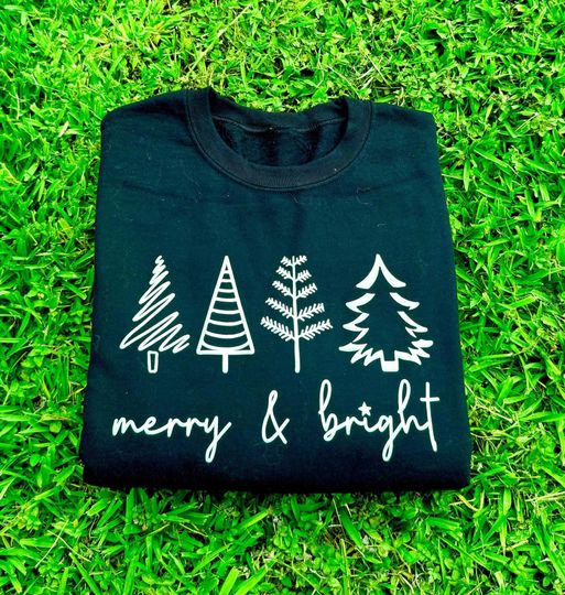 Merry & Bright Embossed 3D Sweatshirt, Xmas Season Tee, Christmas Embossed Shirt, Xmas Season Christmas Tree Tee, Christmas Puff Sweater