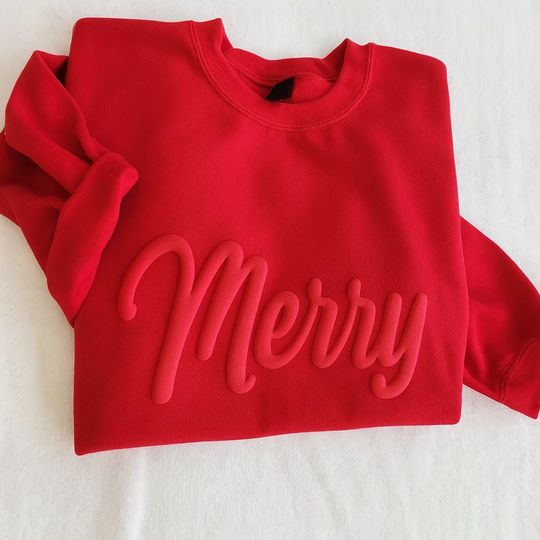 Embossed Christmas Sweatshirt, Puff Print Christmas Shirts,Merry Christmas Crewneck,Cute Winter Sweater Unique Holiday Gift Merry Shirt Puff