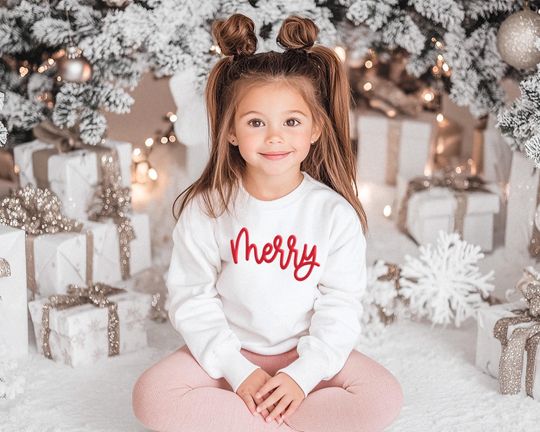 Merry Kids Sweatshirt Embossed Christmas Crewneck Toddler Sweat shirt Little Girl Boy Winter Christmas Gift Holiday Party (EB3515PFMRY)