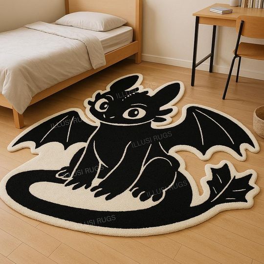 Discover 8x8Feet Toothless Shaped Rug  Hand-Tufted Black & Cream Dragon Carpet  Cute Anime-Inspired Dorm Decor  Soft Kids Room Area Rug  5x5Feet