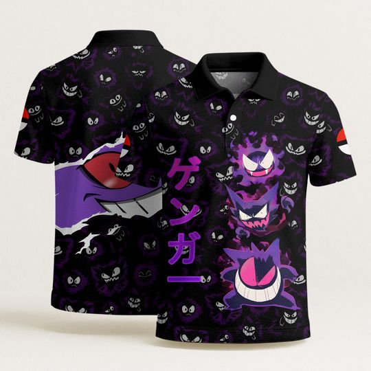 Gengar Polo Shirt, Kawaii Summer Aloha Shirt, Vintage Pattern, Funny Beach Gift