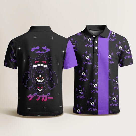 Gengar Polo Shirt, Cute Gengar Art, Vintage Aloha Shirt, Summer Beach Shirt