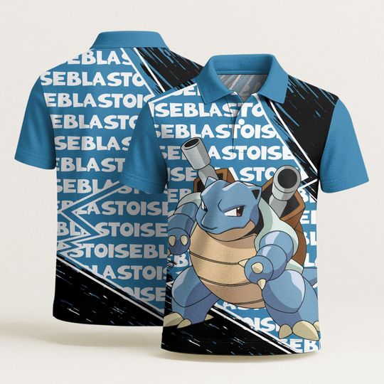 Blastoise Polo Shirt, Squirtle Polo Shirt, Vintage Aloha Polo, Summer Beach Polo