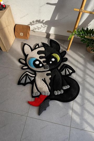 Discover Toothless & Light Fury Dragon Rug  Handmade Tufted Cartoon Rug for Kids Room or Nursery, Fluffy carpet custom dragon wool rug, handmade rug