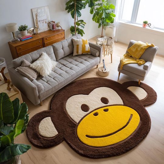 Discover Cartoon Monkey Face Rug  Handtufted Brown & Yellow Fun Floor Carpet | Playful Living Room, Nursery, Office or Bedroom Decor