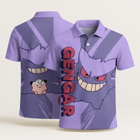 Gengar Polo Shirt, Cute Gengar Graphic Polo, Summer Beach Polo, Vintage Kawaii Gengar Shirt