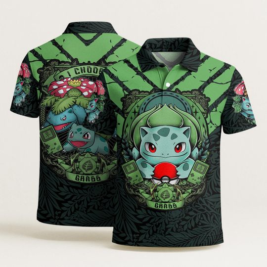 Bulbasaur Polo Shirt, Unisex Graphic Polo, Retro Grass Type Style