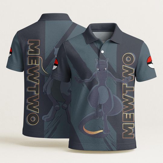 Mewtwo Graphic Polo Shirt, Vintage Kawaii Summer Beach Top