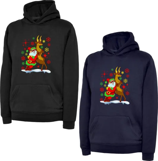 Discover Reindeer Christmas Hoodie with Santa Claus and Snowflakes
