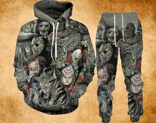 Vintage Horror Movies Characters 3D Hoodie and Leggings Set, Halloween Horror 3D Hoodie and Leggings