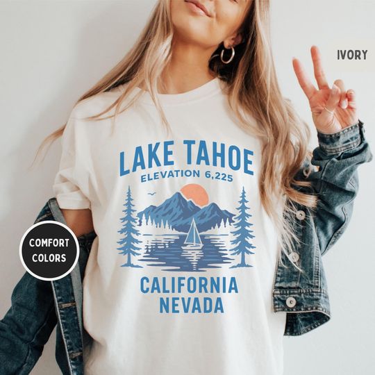 Retro Lake Tahoe Garment-Dyed T-shirt, Mountain Tee, Lake Lover Gift
