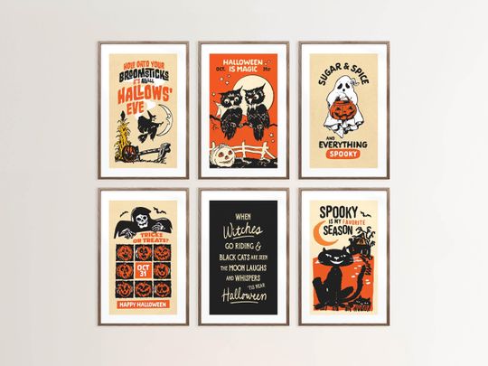 Discover Fun Halloween Prints Retro Holiday Art Festive Poster Set of 6 Seasonal Wall Prints Kitchen Wall Decor Gift for Home