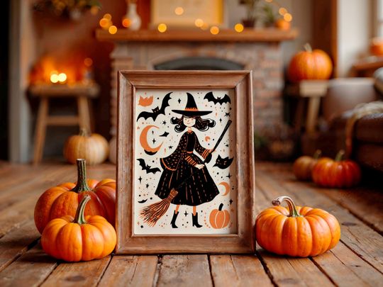 Discover Printable Halloween Wall Art, Cute Witch Poster with Broom, Pumpkins and Bats, Whimsical Halloween Poster, DIGITAL DOWNLOAD