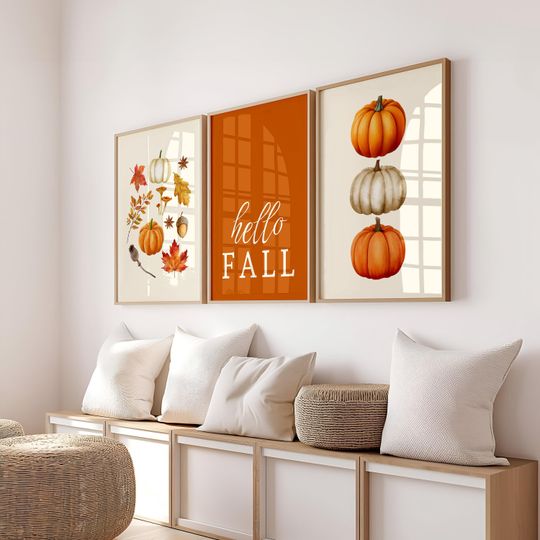Discover Set of 3 Orange Hello Fall Printable Wall Art, Watercolor Pumpkin Fall Decor, Autumn Leaves Print Hello Fall Quote Poster Farmhouse Wall Art
