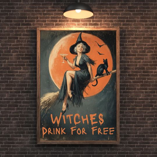 Witches Drink for Free Vintage Print: Retro Halloween Bar Cart Decor