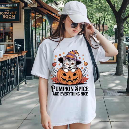 Discover Pumpkin Spice and Everything Nice, Funny Kitty in Pumpkin Clipart, Fall Coffee Shirt Graphic
