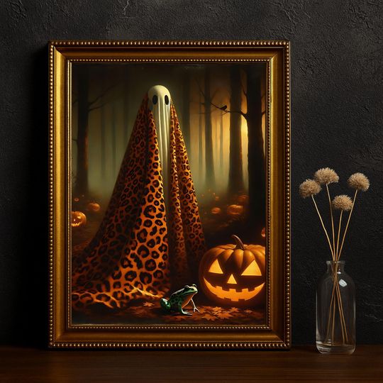 Discover Whimsical Dark Academia Ghost Wall Art  Leopard Ghost Halloween Poster, Gothic Cottagecore Print Spooky Cute Pumpkin Decor