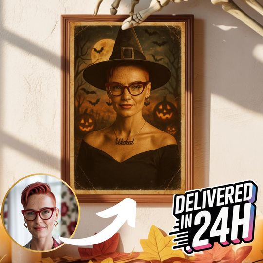 Discover Custom Halloween Poster Vintage Witch  Retro Halloween Wall Art, Personalized Spooky Portrait Print, Gothic Halloween Decor, Caricature