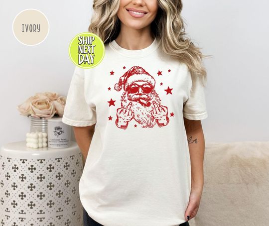Discover Retro Santa Claus Middle Finger T-Shirt, Sassy Xmas Santa