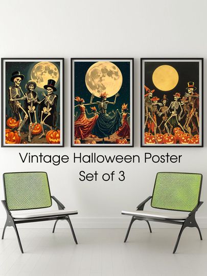 Discover Vintage Halloween Poster Set of 3  Retro Skeletons & Pumpkins Wall Art  Gothic Spooky Moon Decor  Printable Digital Download Bundle