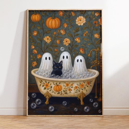 Discover Halloween Bathroom Ghost Print: Black Cat Bathtub Victorian Art (Digital Download)