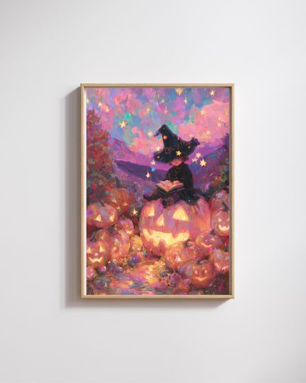 Halloween Witch Art Print,Cozy Spooky Wall Art Print,Fantasy Autumn Home Decor Poster,Halloween