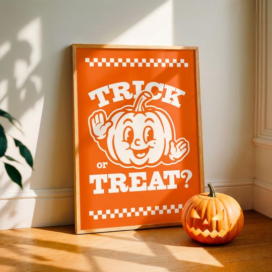 Trick or Treat? Halloween Poster, Retro Pumpkin Wall Art Print, Vintage Seasonal Dcor