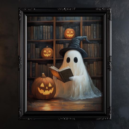 Discover Ghost Reading in the Library Print, Printable Vintage Halloween Wall Art, Spooky Ghost Painting, Dark Academia Room Decor Instant Download