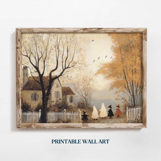 Discover Printable Vintage Aesthetic Trick & Treat Painting Fall Tone Halloween Poster Cute Cozy Season Wall Decor Idea Antique Autumn Landscape Art