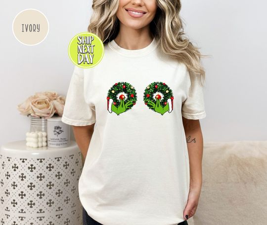 Discover Christmas Boobies T-Shirt, Funny Hand on Breast Character Tee