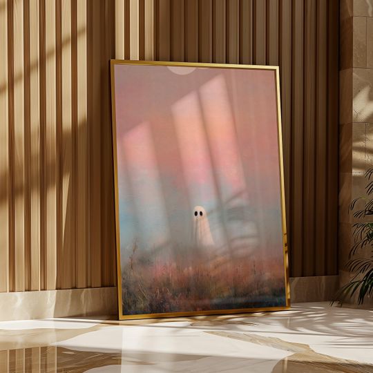Discover Poster Halloween Ghost in Pastel Misty Field, Cozy Autumn Wall Art for Spooky Season