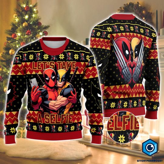 Deadpool and Wolverine Lets Take A Selfie Ugly Christmas Sweater, Deadpool and Wolverine, Superhero Christmas, Besties Christmas Sweater