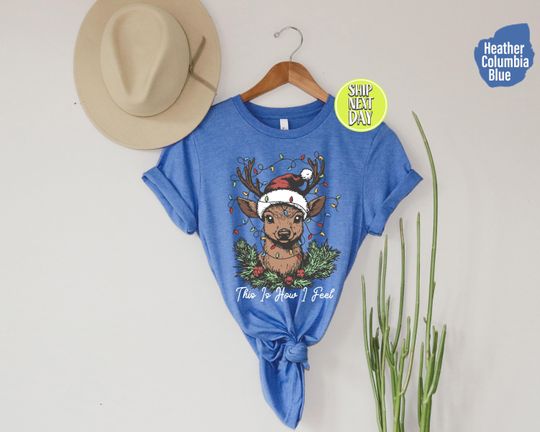 Discover This Is How I Feel Reindeer Santa Hat T-Shirt Christmas Light Tee Gift for Reindeer Lovers