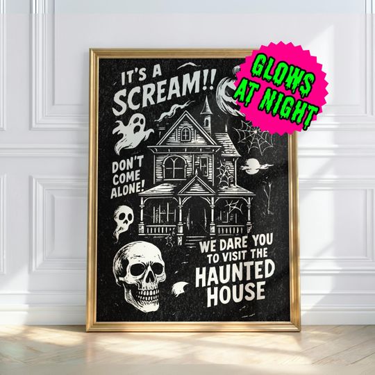 Haunted House Wall Art Unique Halloween Poster Vintage Horror Poster Scary House Decor Spooky Trick Treat Art Retro Halloween Poster Glow