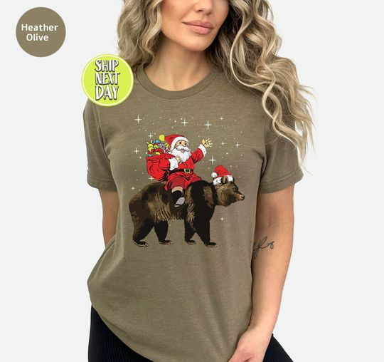 Discover Santa Claus Riding Bear T-Shirt, Cute Animal Xmas Tee