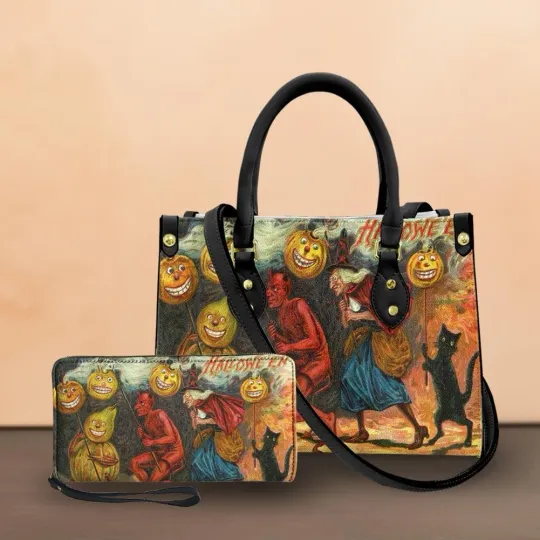 Vintage Witch Pumpkin Halloween Handbag, Gothic Kitten Witch Tote Bag for