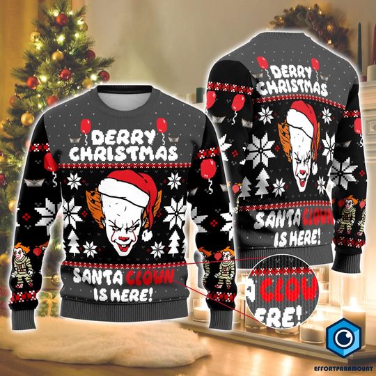 Pennywise Ugly Christmas Sweatshirt | It Movie Derry Christmas Santa Clown Is Here Ugly Sweater | Horror Halloween Movie Xmas Sweater