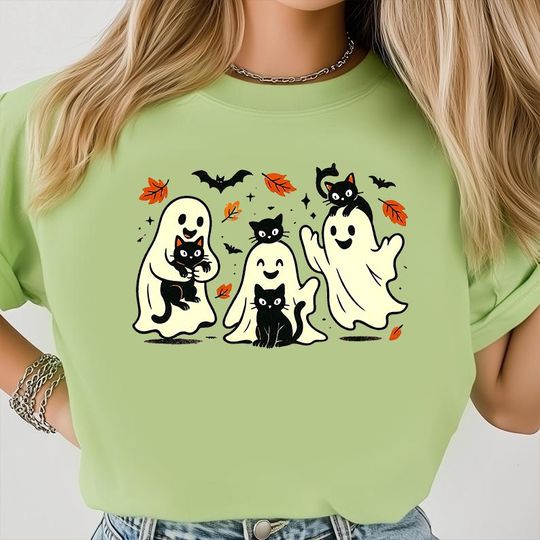 Discover Cute Halloween Ghost and Cat T-Shirt, Retro Spooky Floral Halloween