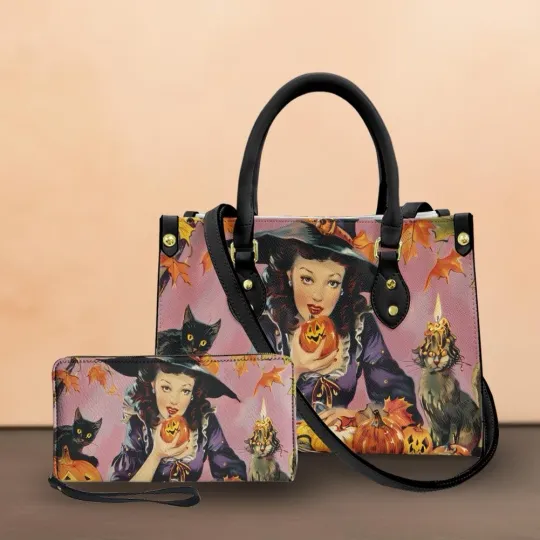Discover Vintage Witch Pumpkin Halloween Handbag, Gothic Kitten Witch Tote Bag for